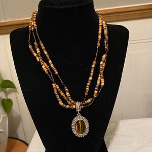 Avon Multi-Strand Brown Beaded Necklace with Oval Tiger Eye Pendant